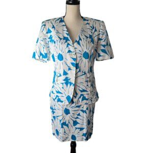 Laurel by ESCADA White Blue Floral Print Short Sleeve Jacket Pencil Skirt 10 NWT